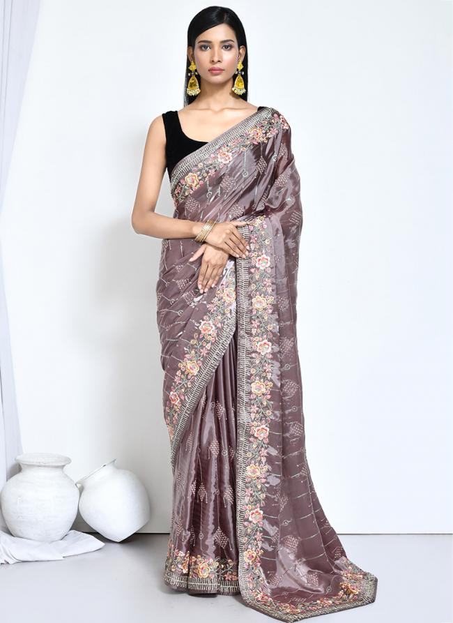 Satin Silk Purple Wedding Wear Embroidery Work Saree